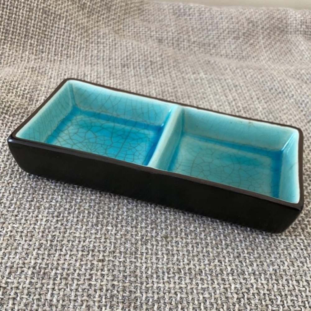 Ceramic small pottery sushi dish black and blue glaze